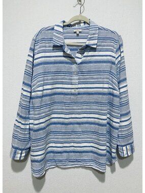 Talbots Top Womens 2X Blue Striped Popover Tunic Cotton Textured Beachy Mature